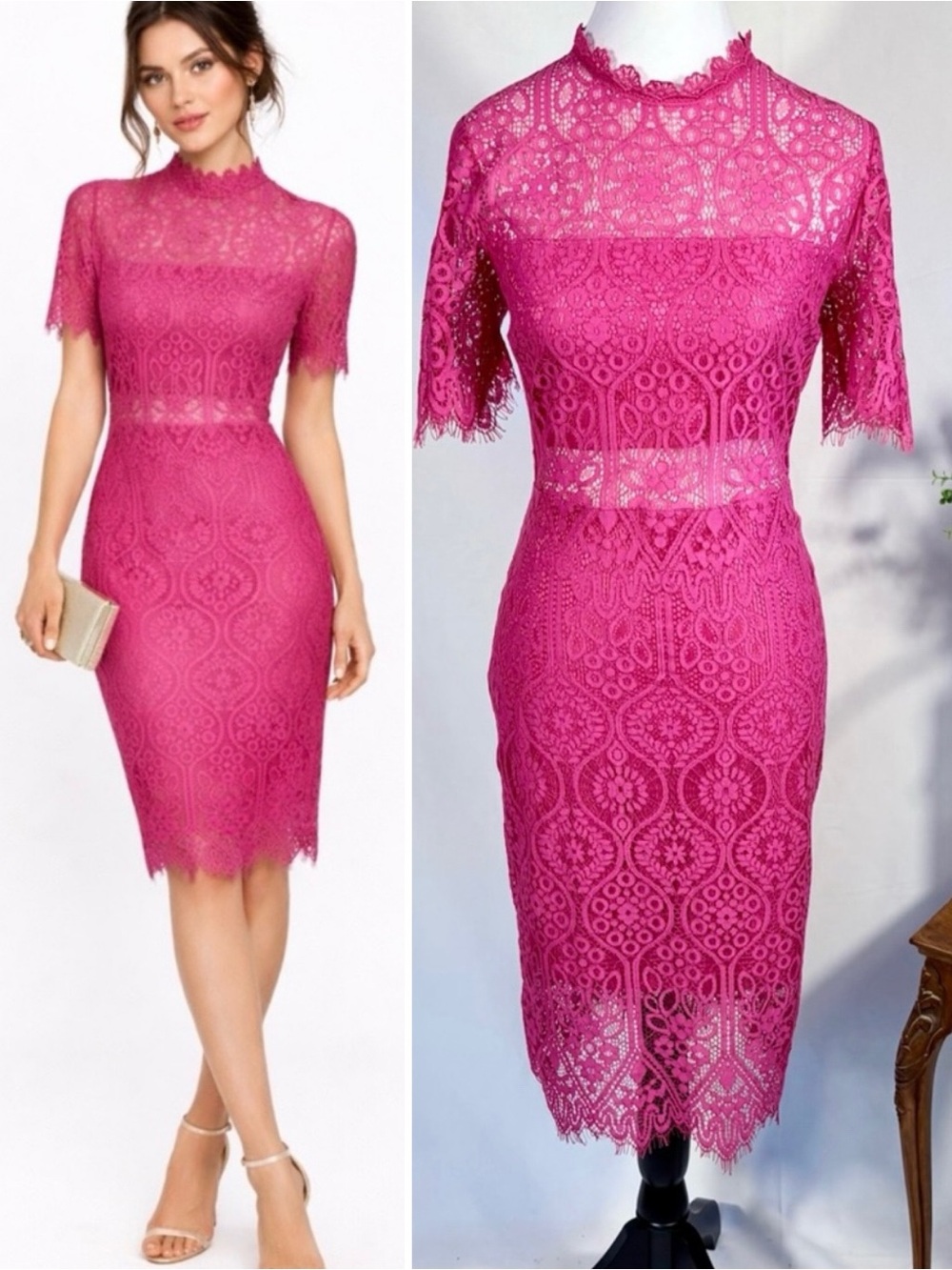 Lulus Remarkable Lace Dress Raspberry Pink Short Sleeve High Neck Sz M💚